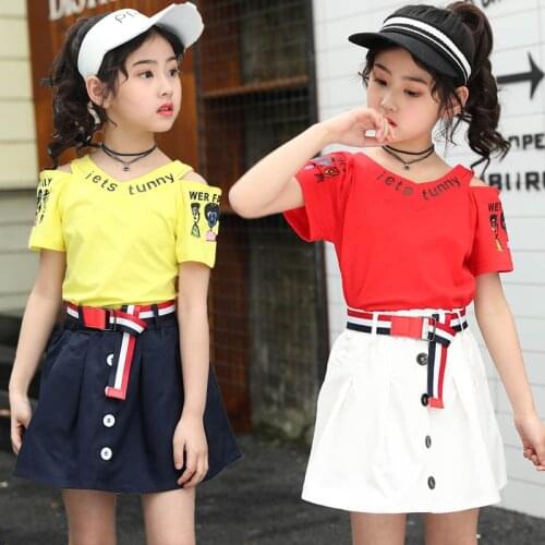 IENENS Summer Skirt Sets Girl Short Sleeves Clothes Suit Letter T-shirt + Skirt Set 4-13 Years Kids Child Clothing Outfit