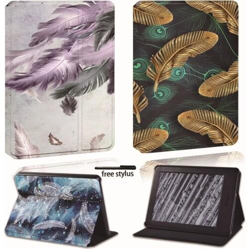 For Amazon Kindle 8/10th 2016 2019 / Kindle Paperwhite 1/2/3/4 Printed Feather Leather Reader Stand Folio Cover Case