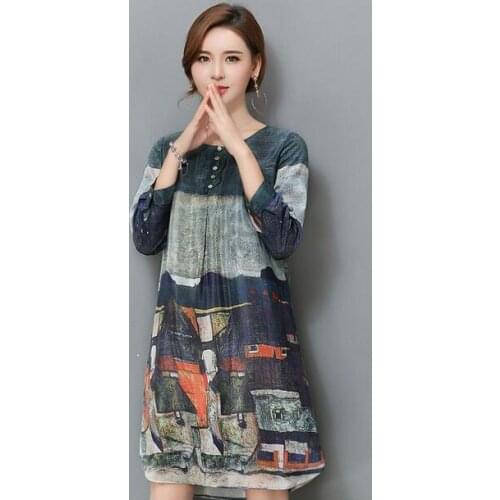 Summer O-Neck Printed Silk Chiffon A Line Office Ladies Knee Length Dress Women Clothes Vestidos Robes Femme DF716