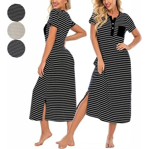 Hot Women Night Dress Long Nightgown Striped Home Dresses Loungewear Ladies Homewear Loose Sleepwear Casual Womens Home Dress