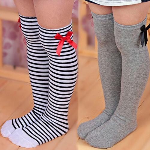 Lovely Girls Kids Toddler Bow Knee High Socks Colours Silk Bow Baby Girl Socks Striped Princess Socks 1 to 8 Years