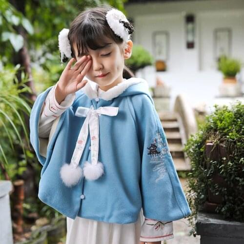 Autumn Winter Girls Chinese National Style princess Cape Cloak Coat Children Traditional Plus cashmere Windproof Warm Clothes