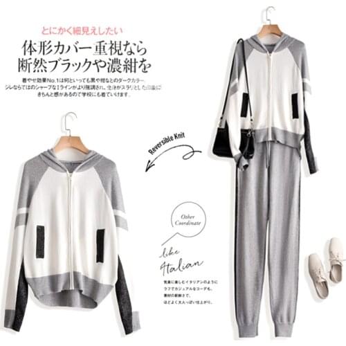 Luxury two pieces Bling bling shiny wool suits female hooded warm Gold thread mink cashmere Knit tops + wool pant sets F687