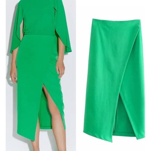 TRAF Za Women 2021 Green Wrap Skirt Women High Waist Elegant Long Skirts Woman Summer Office Vintage Midi Skirt With Slit