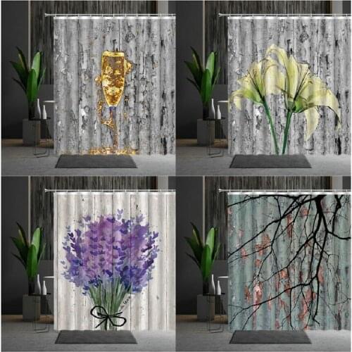Flowers Wood Grain Shower Curtain Hooks Bathroom Decor Waterproof Screen Hanging Curtain Multiple Size Polyester Fabric