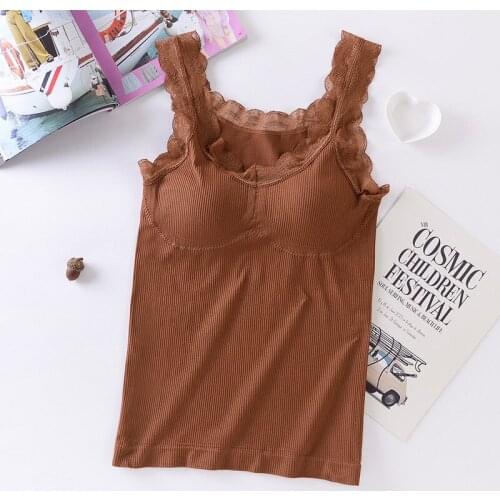 2020 New Arrival Autumn Womens Solid Color Bottoming Vest Lace Wide Shoulder Strap Camisole Wire Free Tank Tops With Chest Pad