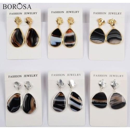 BOROSA Design 5Pairs Gold/Silver Plated Bezel Freefrom Shape Natural Onyx Agates Drop Earring Mixed Colors Lady Earrings WX1178