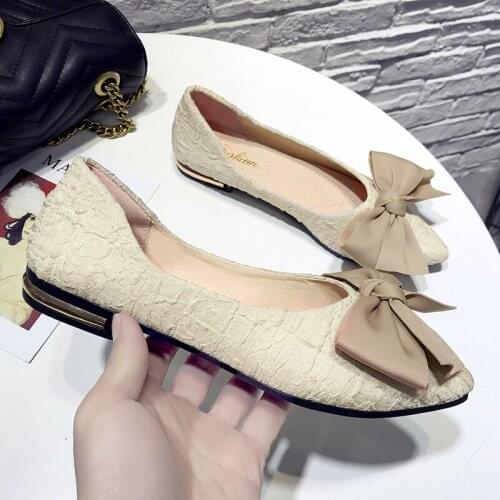 2020 Women Classic Brand Comfortable Shoes Women Casual Pointed Toe Black Shoes for Women Flats Slip on Bow tie Shoes U19-78