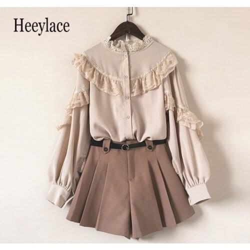 2020 autumn women korean sweet two piece set for women long sleeve lace ruffles patchwork stand neck blouse top and shorts sets