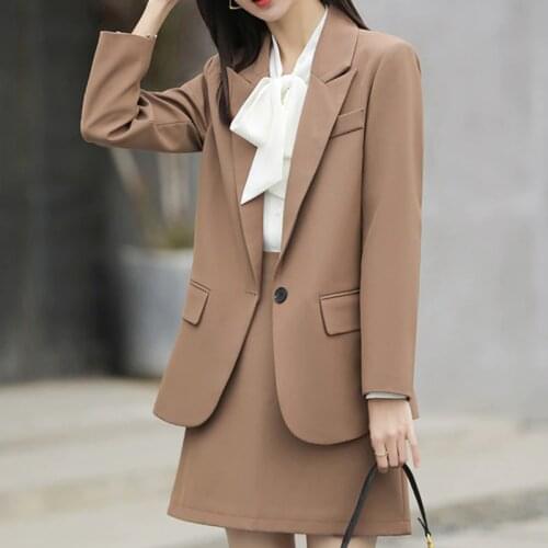 Office Ladies Women Solid Color Spring Autumn 2 Piece Set Blazer Skirt Single Button Jacket Midi Skirt Suits Outerwear Coat