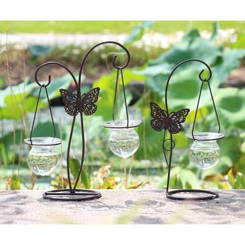 1PC Butterfly Hydroponic Container Plant Glass Bottle Wrought Iron Decoration Flower Arrangement Container Hanging Vase JL 285