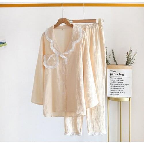 100% Cotton Gauze Women Pajamas Suit Long-sleeved Female 2-Layer Cotton Crepe Solid Color Homewear Loose Soft Lounger Home Cloth