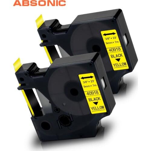 Absonic 2PK 40918 Black on Yellow for Dymo D1 Label Tape Cartridge Printer Ribbon for Manager 160 210D 280 360D 420P Label Maker