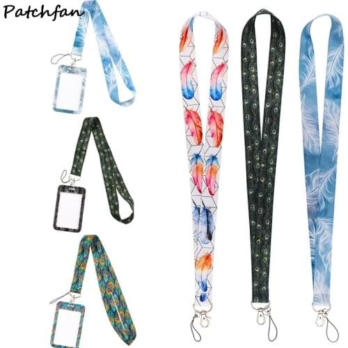 AD754 Patchfan Cartoon Feather Lanyard Keychain keys Badge ID Mobile Phone Rope Kids Gifts Lanyard With Card Holder Cover