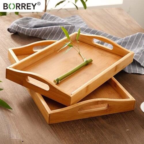BORREY Bamboo Serving Tray Fruit Plate Tea Tray For Hotel Home Serving Tray Cake Dessert Plate Outdoor Camping BBQ Food Tray