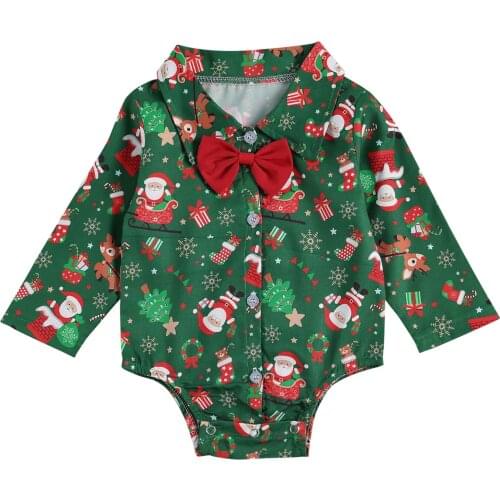 Christmas Newborn Baby Boys Gentleman Bodysuits+Bow Tie Long Sleeve Santa Tree Print Single Breasted Jumpsuits 0-24M