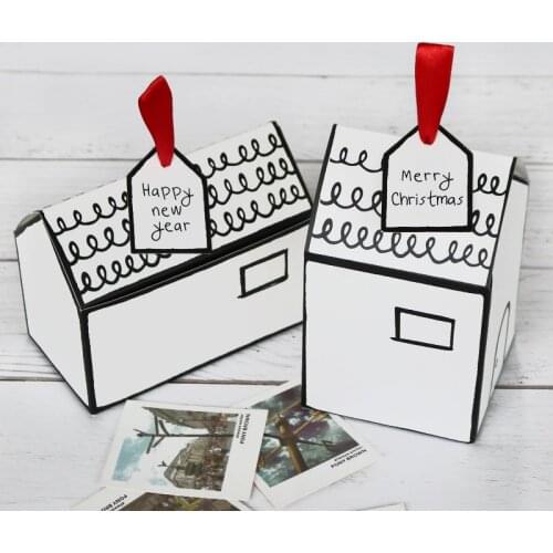 5Sets Merry Christmas Paper Gift Boxes White House Shape Gift Package Candy Box with Ribbon Tag Gift Box Paper Bag Wedding Favor