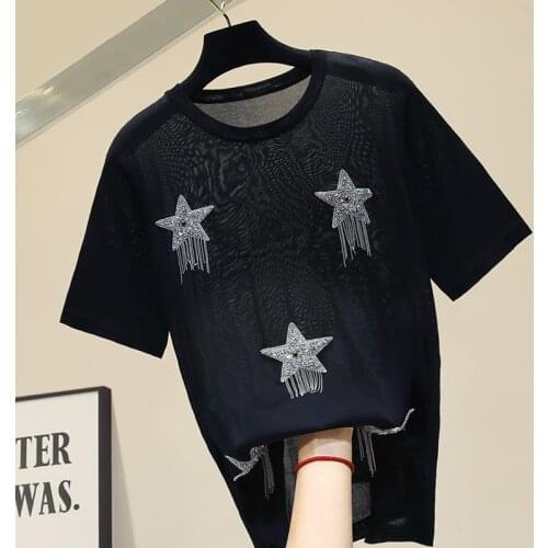 Chain White Stars Cotton T-shirt for Women Loose Short-Sleeved T-shirts Female New Summer Tshirt T Shirt Woman Tops Tees Tee