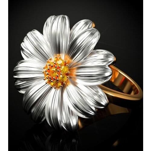Hot Sale Lovely Daisy Flower Double Color Golden Rings Women Simple Elegant Engagement Ring Party Jewelry Bague Factory Outlet