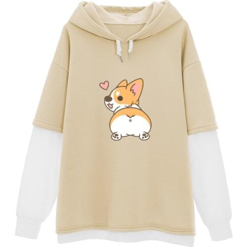Kawaii Corgi Dog Sweatshirt Y2k Plus Size Graphic Hoodies Streetwear Warm Women Color Block Hoodie Drop Shoulder Thermal Clothes