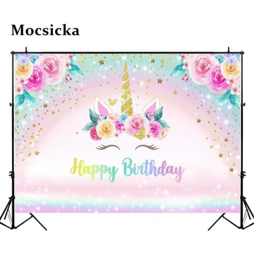 Mocsicka Photography Background Unicorn Colorful Flowers Stars Children Happy Birthday Decoration Backdrop Photocall Photoshoot
