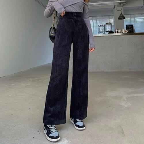 Fashion Women Corduroy Long Pant High Waist Double Button Loose Female Straight Leg Trousers Casual Pantalon Femme 2021 New