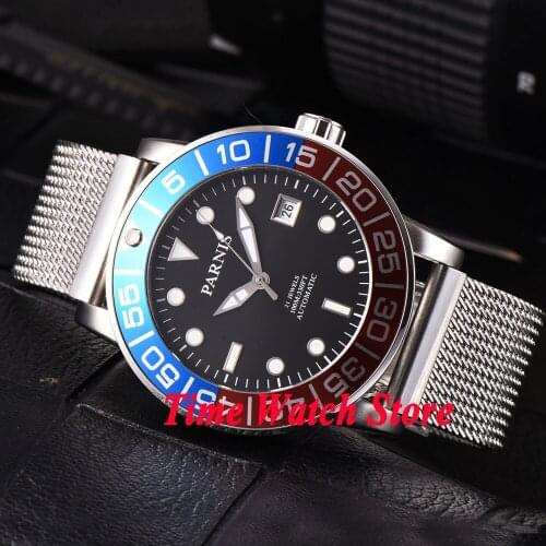 Parnis 42mm Miyota 21 jewels Automatic movement mens watch black dial sapphire glass metal strap