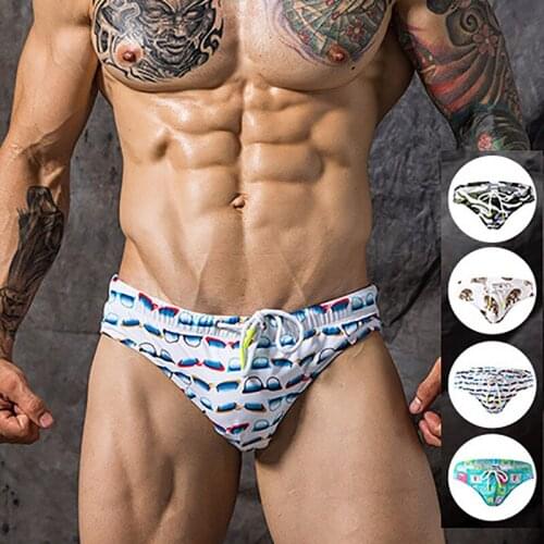 Mens Printed Bikini Swimming Trunks Push Up Pad Low Waist Panties Swimsuit Quick-Drying Lacing Beachwear Swimming Surf Briefs
