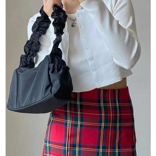 Retro Design Women Nylon Shoulder Armpit Bag Solid Color Ladies Underarm Bag Fashion Folds Female Girls Small Purse Handbags