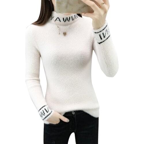 Mink Fleece Sweater Ladies New Half High Neck Sweater Female Slim Warm White Autumn Winter Bottoming Shirt Womens Tops