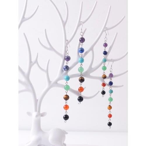New Year Hot Selling Round Beads Seven Chakra Ear Drop Temperament type Stone Dangle Earrings 2021