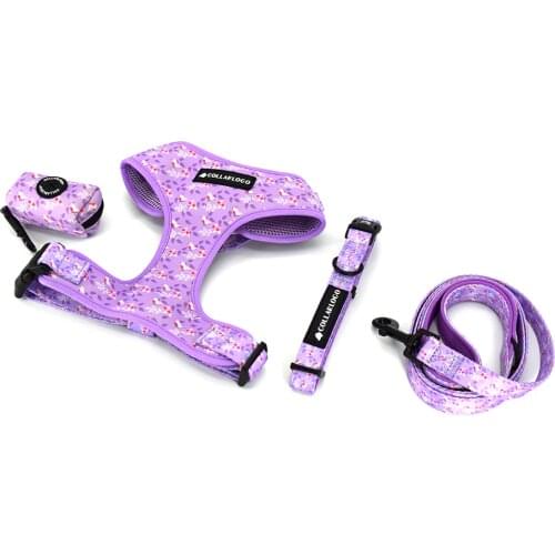 Adjustable Pet Dog Collar Durable Soft Cute Creative Colored Purple Brid Design Leash Neoprene Harness With Poop Bag Dispenser
