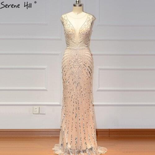 Nude Silver Sleeveless Dubai Design Prom Dresses 2020 O-Neck Luxury Beading Diamond Prom Gowns Serene Hill BLA60859