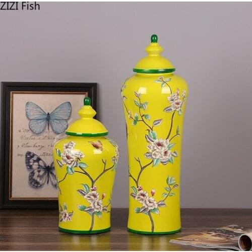Pastoral Ceramic Vase Storage Jar with Lid Golden Flower Pattern Table Top Flower Bottle Decoration Porcelain Candy Storage Tank