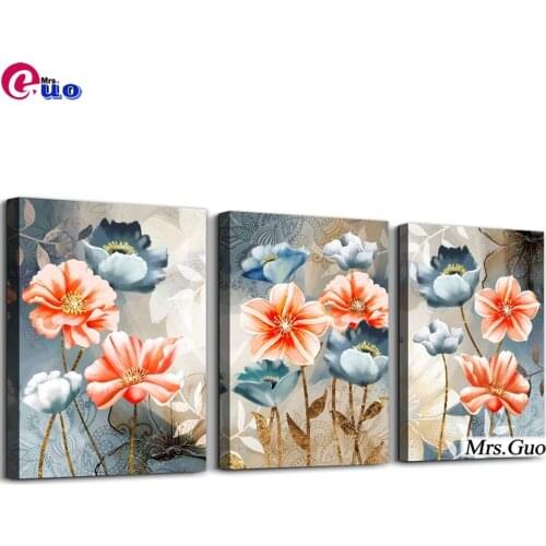 Full Square/Round Diamond Embroidery Golden And Blue Watercolor Flowers Mosaic Picture Triptych Diamond Painting Decor For Home