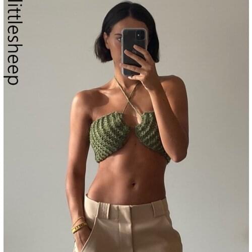 Sexy Knit Halter Neck Crop Tops Womens 2021 Summer Fashion Backless Off Shoulder Bandage Green Tank Tops Party Clubwear