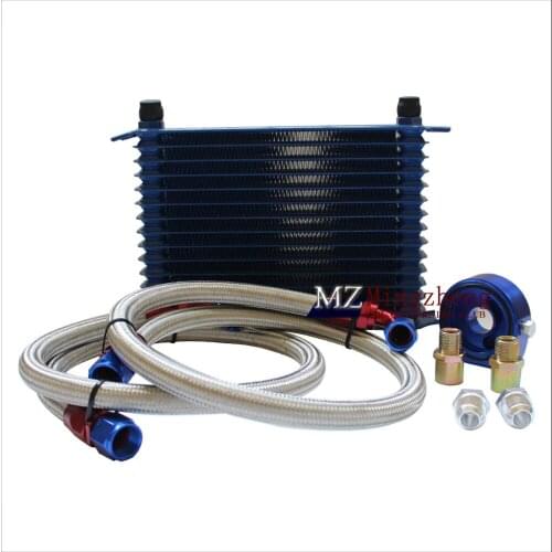 UNIVERSAL 15 ROWS blue OIL COOLER KIT + OIL FILTER SANDWICH + NYLON STAINLESS STEEL BRAIDED OIL HOSE W/PQY STICKER+BOX