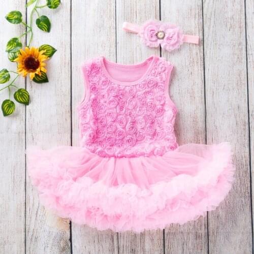 Lovely Baby Girl Evening Party Dress Suit, Solid Color O-Neck Sleeveless Rose Romper Bubble Tulle Skirt, Flower Headband 0-24M