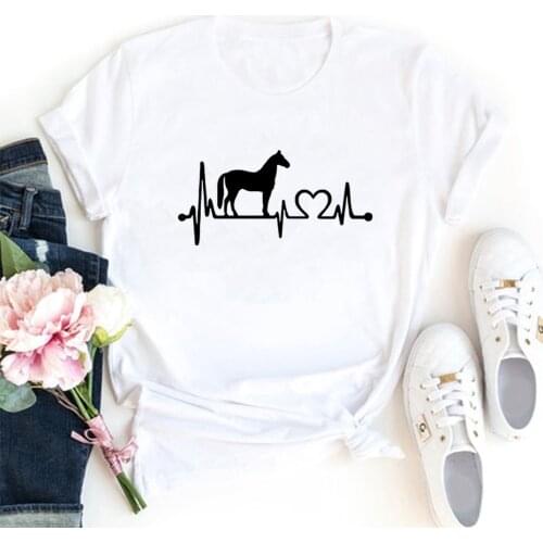 Horse Heartbeat Line Funny T Shirt Women O-neck Short Sleeve Tshirt Women Black Camiseta Mujer Casual Tee Shirt Femme Top