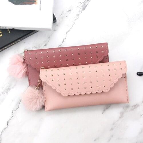 Women Long Hasp Wallets Fashion Rivet Fur Ball Zipper Coin Purses PU Leather Ladies Clutch Female Credit Card Money Holder