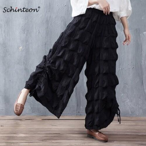 Comfortable 2018 Summer Women 100% Cotton Wide Leg Pants Black Loose Pleated Trousers Elastic Waist Unique High Waist