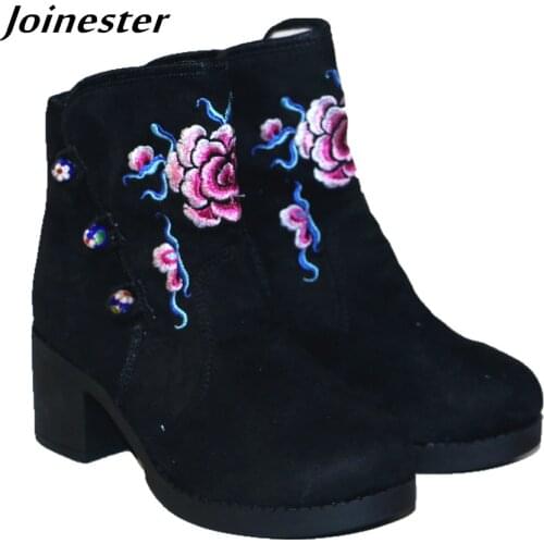 Faux Suede Women Short Boots Floral Embroidered Pumps Boot Vintage Ankle Boots Ladies Winter Booties Chunky Heel Button Boot