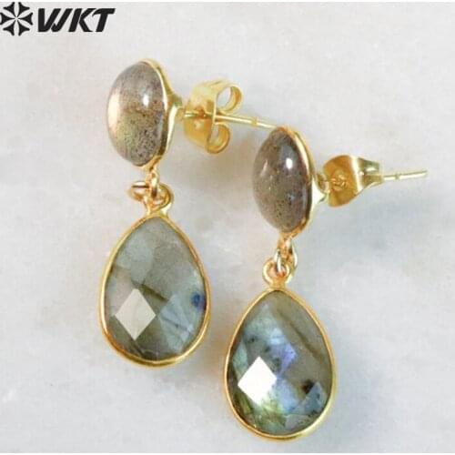 WT-E457 Women Dainty Jewelry Earring Natural Labradorite Stone With Metal Plated Tears Drop Faceted Stone Bridal Earring