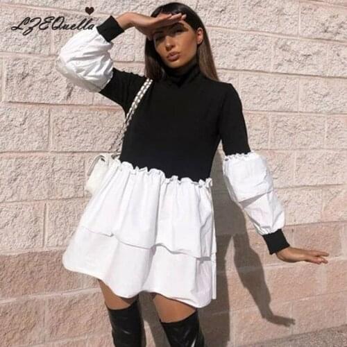 LZEQuella Puff Sleeve Ruffles Mini Dress Women Casual Party Rib Patchwork 2021 Spring Long Sleeve Wrap A-Line Women Shirt Dress