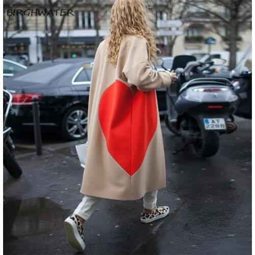 Womens Fashion Casual Coat Windbreaker overcoat Top Lapel Long Loose Straight Tube Heart-Shaped Pattern Trend Versatile Persona