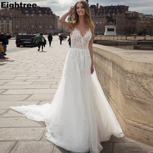 Eightree V-Neck A Line Wedding Dresses Appliques Beading Spaghetti Straps Bride Dress Backless Plus Size Wedding Gown