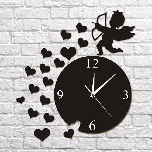 1Piece Modern Design 3D Wall Clock Cupid Arrow Hearts Cherub Angel Wall Art Decor Clock Sticker Flying Cupid Love Angel Clock