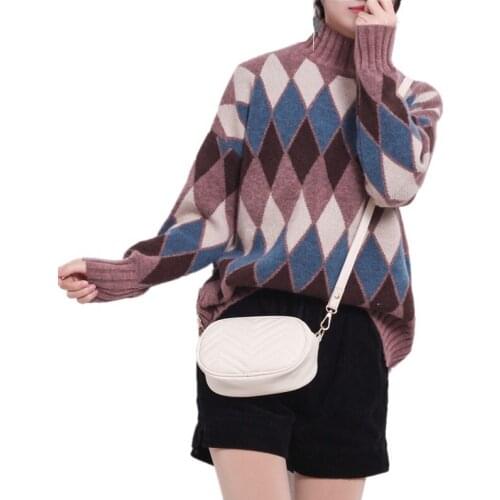 2019 New women autumn winter loose knit sweater half high collar thicken pullover square pattern large size sweaters female 2958