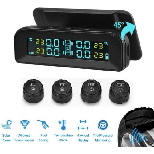Car LCD Digital TPMA Universal Solar Wireless Tire Pressure Monitor Alarm 4 Sensors Tire Pressure Temperature Tester Waterproof
