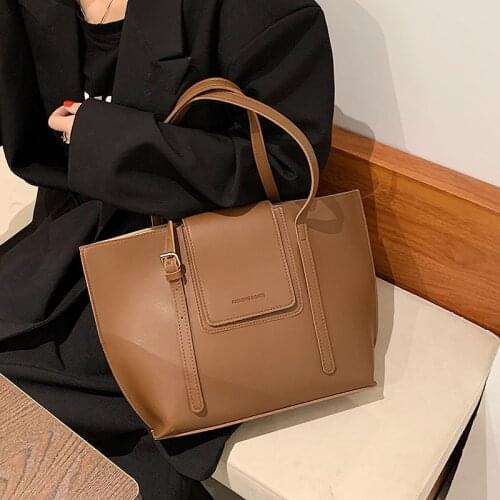 Ladies big bag solid color ladies shoulder bag female texture big bag commuter bag retro female bag casual